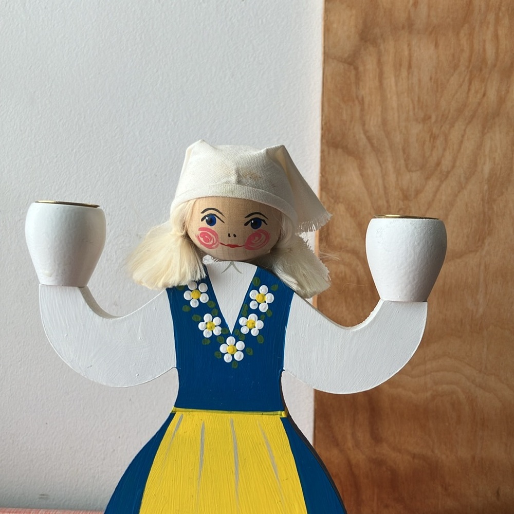 Hantverksboden Swedish Handcrafted Wooden Doll Candle Holder - Blue and Yellow - Picture 3 of 15